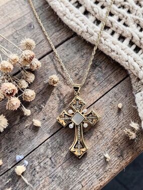 Gold Cross Pendant Necklace with Pearl and Mother-of-Pearl Accent